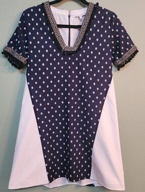English Factory Cotton Navy/White Mixed-Media Shift Silhoutte Mini Dress - Sz M
